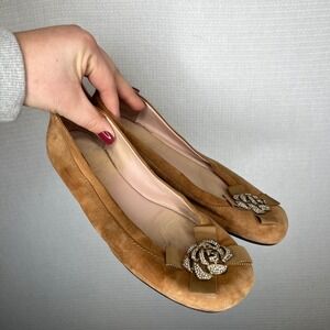 Taryn Rose Women's Tan‎ Suede Rose Embellished Ballet Flats Size 7M